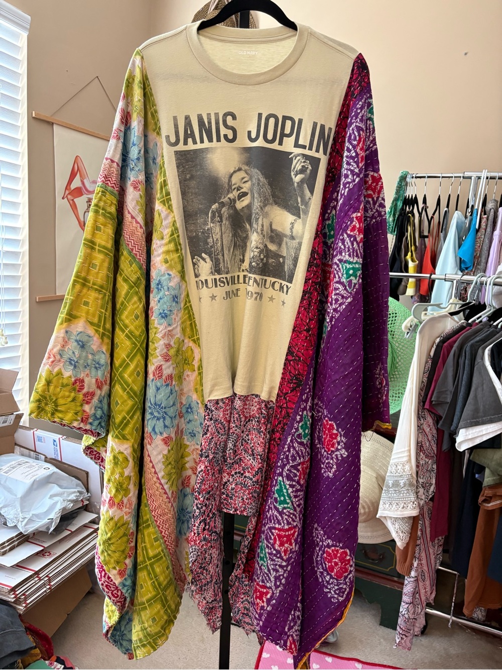 Custom- Upcycled- Janis Joplin Graphic Short Sleeve Tee – Multi-Color Patchwork
